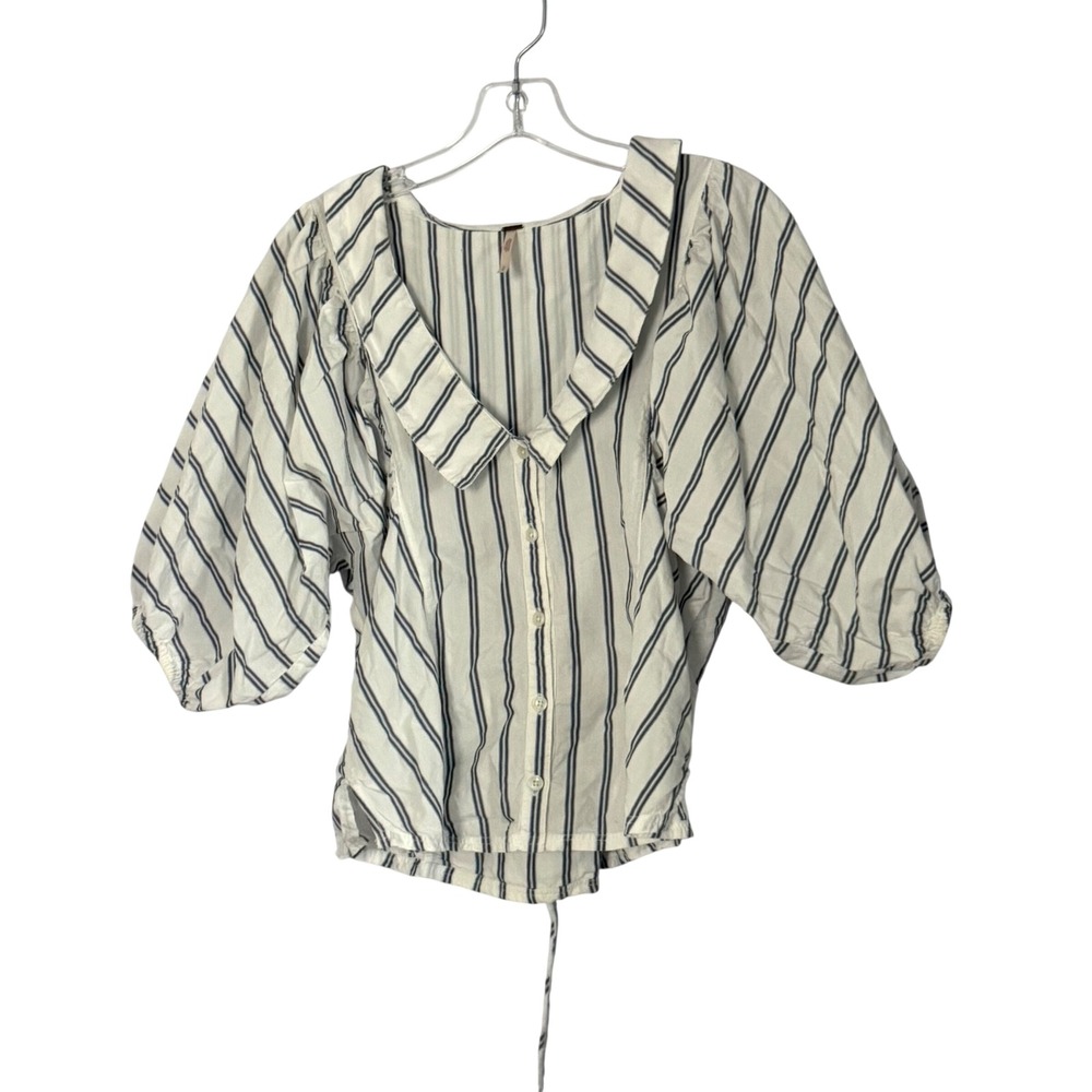 Free People Striped Puff Sleeve Top Button Front Blouse White Blue - Medium